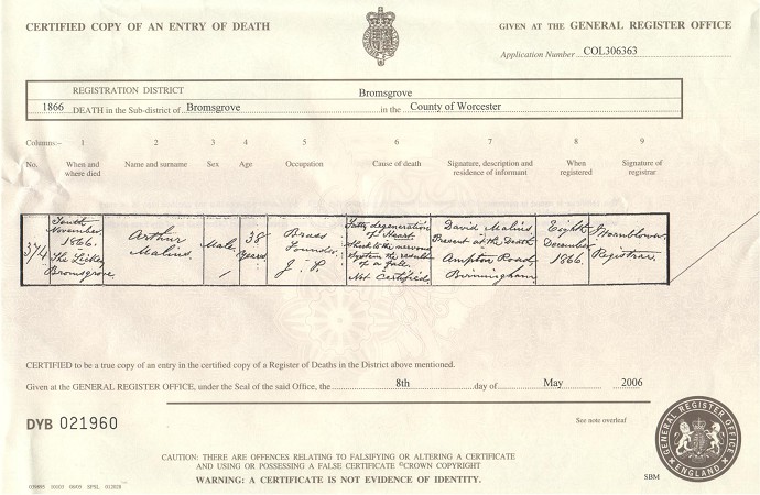 Arthur MALINS b.1866, death certificate