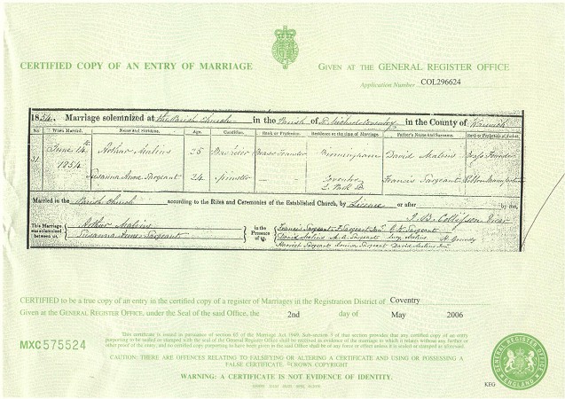 Arthur MALINS, Susannah SARGEANT m.1854, marriage certificate