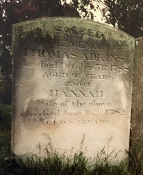 Thomas ADKINS b.1693, Hannah DURHAM b.1700, gravestone